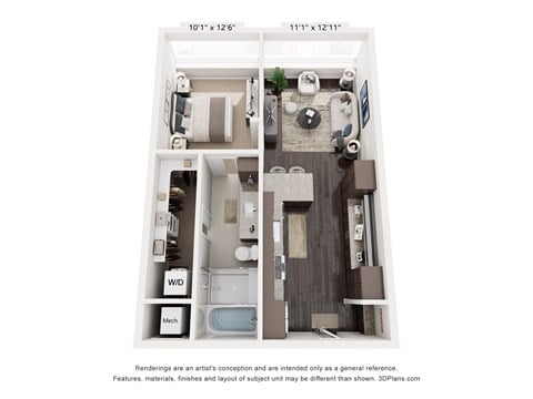 Floor plan for 1 bed, 1 bath, 694 sqft